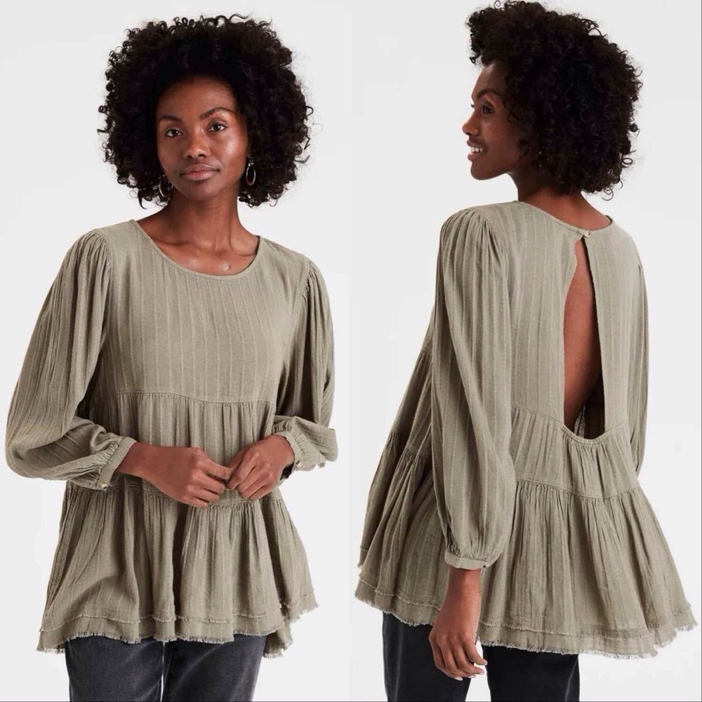 American Eagle Womn S Olive Boho Flowy Open Back Long Sleeve Tiered Babydoll Top